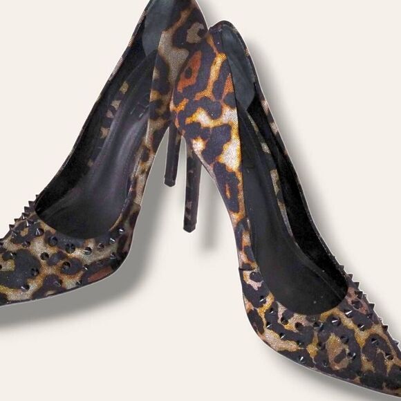 Schutz Womens Heels Sz 8.5 Brown Black Animal‎ Print Pointed Toes Studs Leather - Picture 1 of 10